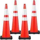 BATTIFE 4 Pack 36 Inch Traffic Cones, PVC Orange Cone, Black Weighted Base | 36-in PVC traffic safety cones with black weighted base and 3 reflective bands for traffic control, driveways, parking lots.