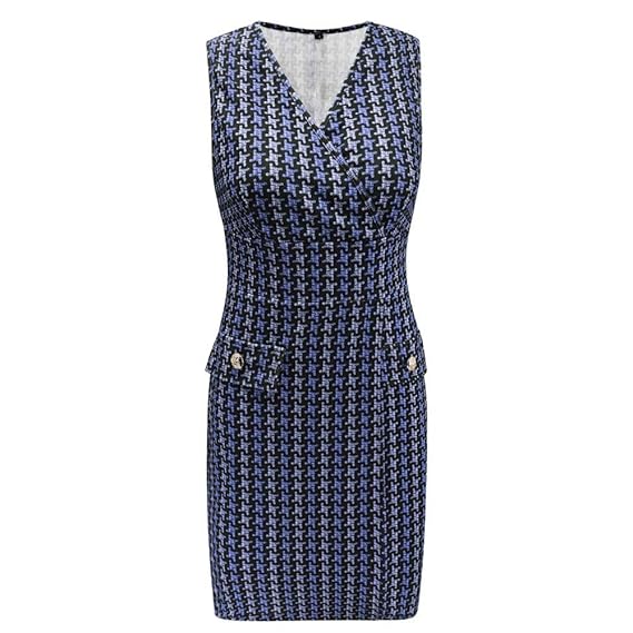 IZZB Mode Damen Sommer Partykleid Bodycon Ärmelloser Bleistift mit V-Ausschnitt, Hahnentrittmuster Freizeitkleid Abendkleid C