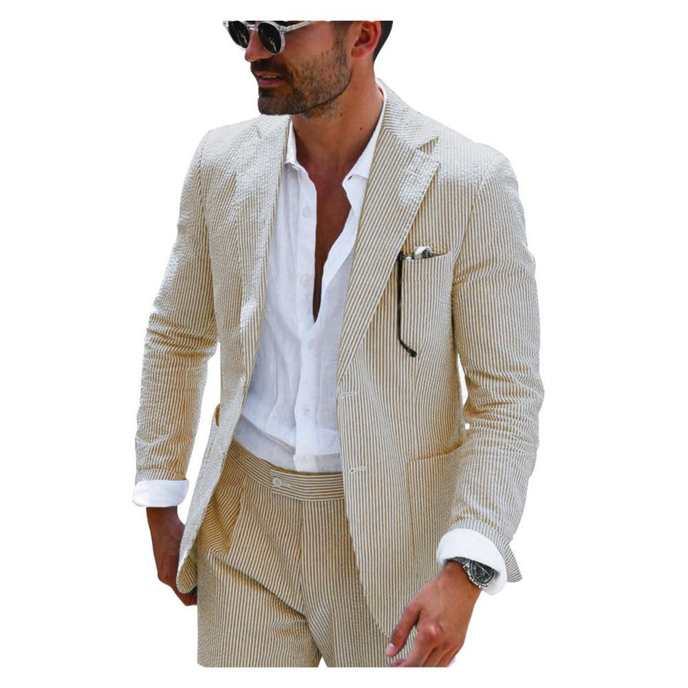 Photo 1 of PopEle Mens Tan Seersucker Suit Grooms Sear Sucker Suit for Wedding Leisure Brown Slim Fit Suits for Early Fall