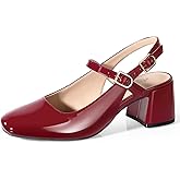 Ankis Mary Jane Chunky Low Heels Dress Shoes for Women Slingback Square Closed Toe Heels Wedding Party Pumps