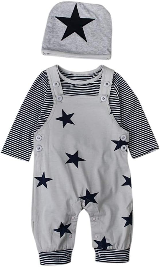 T TALENTBABY Newborn Infant Baby Boys Long Stripe T-Shirt Tops + Bib Pants + Cut Hat Outfits Clothes Set Rompers