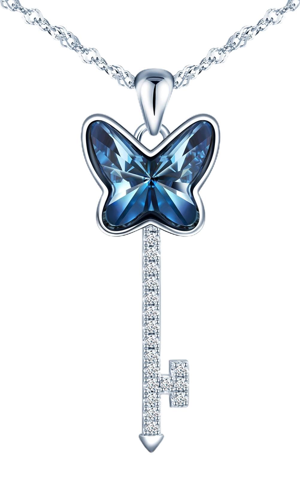 MICSAVI 925 Sterling Silver Necklaces for Women, Butterfly Pendant Necklaces with Blue Crystal, Cubic Zirconia Key Silver Necklaces Jewellery with Exquisite Box