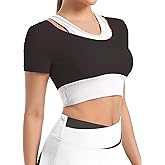 Women's Sports Crop Tank Top Padded Activewear Short Sleeve Shirt Fitness Top Yoga Fitness Running Gym with Integrated Bra
