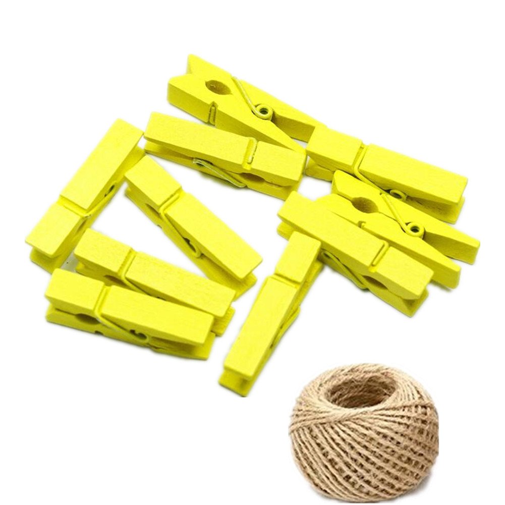 100 Colored Wooden Mini Pegs Clothespins Craft Photo Clips with 20 meters Jute Twine for Craft Rustic Decoration (Yellow)
