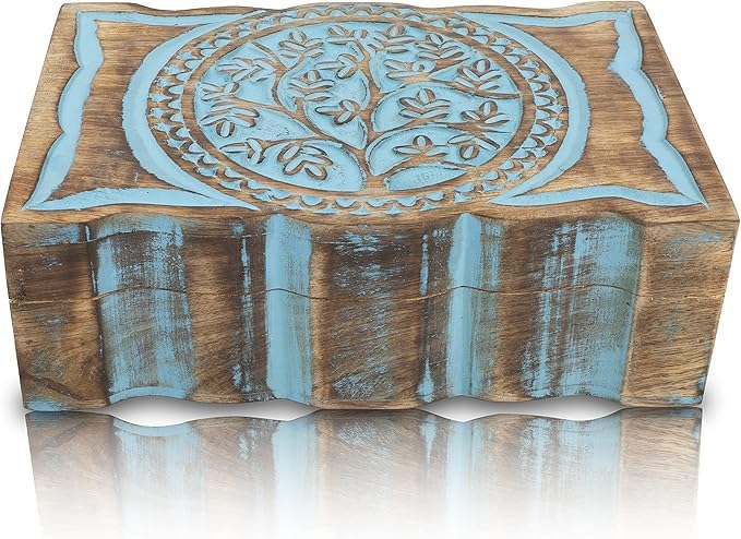 Great Birthday Gift Handmade Decorative Wooden Jewelry Box Tree Of Life Carving Jewelry Organizer Keepsake Box Treasure Chest Trinket Holder Watch Box Storage Lock Box Housewarming Gift (Blue)