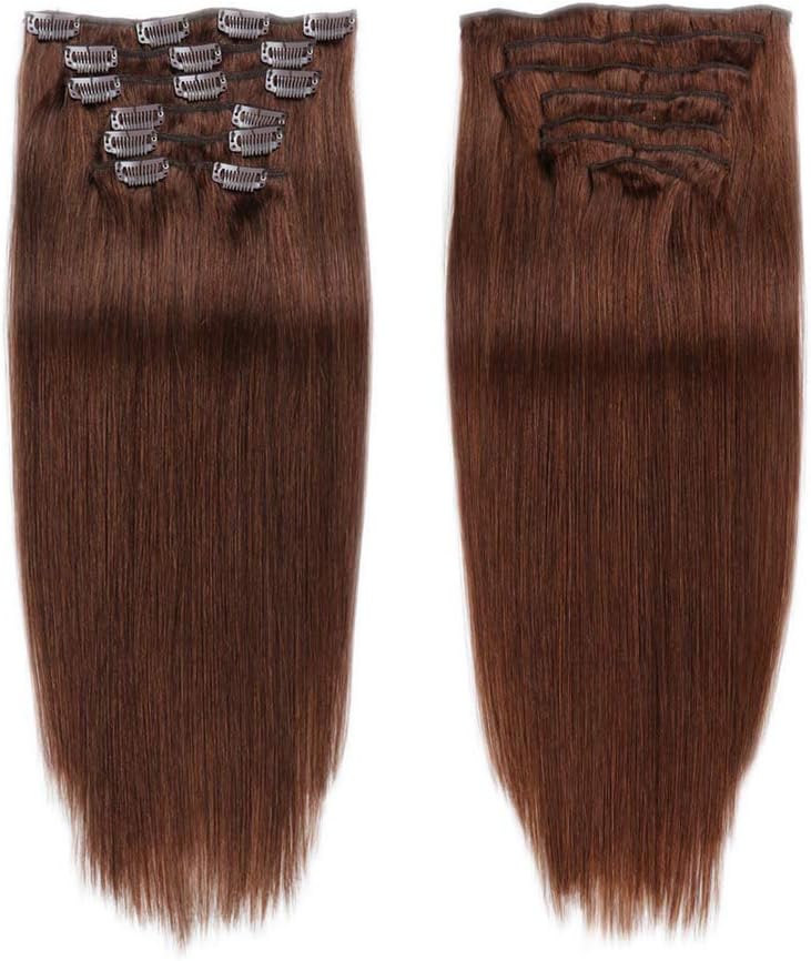 Clip in Human Hair Extensions,Sliky Straight Remy Hair Clip In Extensions #4 Medium Brown Double Weft 7Pieces 70g 14 Inch Clip in Hair Extensions