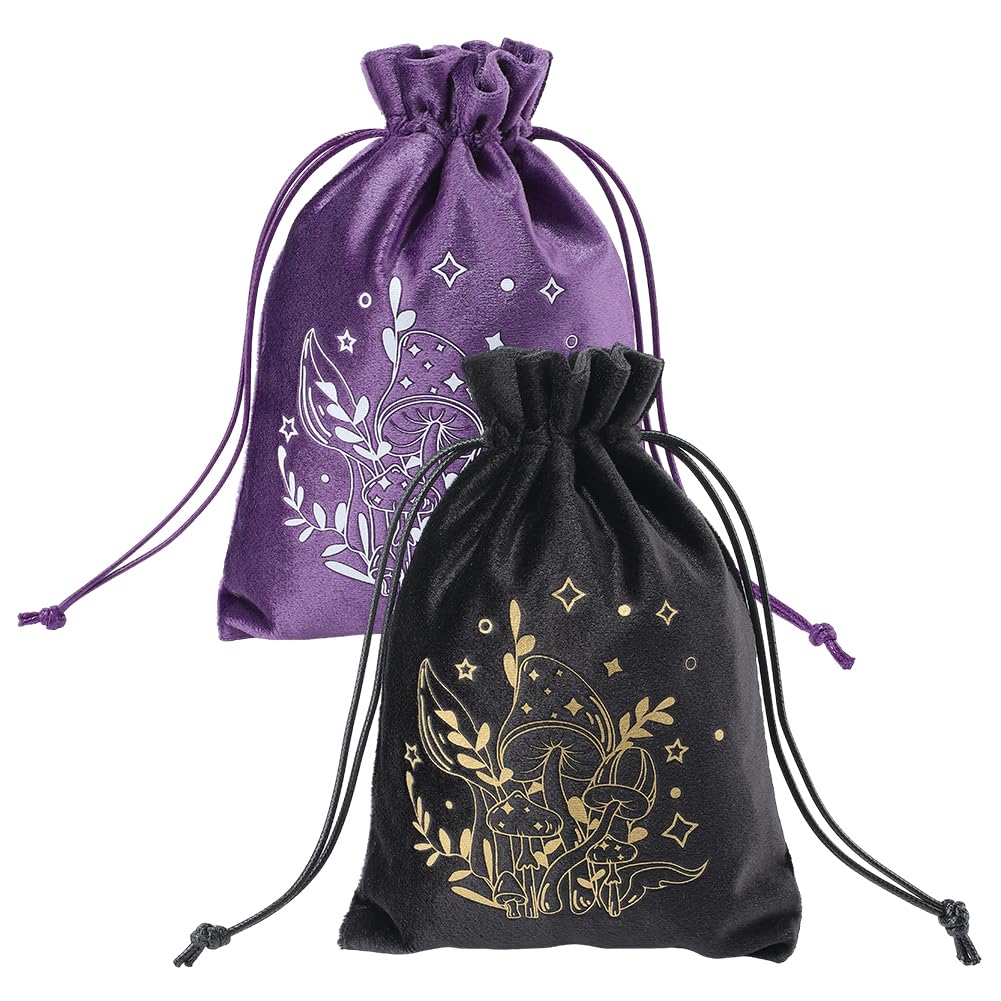 CREATCABIN 2Pcs Tarot Cards Bags Pouches Drawstrings Bags Tarot Cards Holder Pouches Tarot Deck Storage Velvet Bags Black Purple Mushroom Tarot Jewelry Wrap Bags for Crystals Dices Witchcraft 5x7Inch