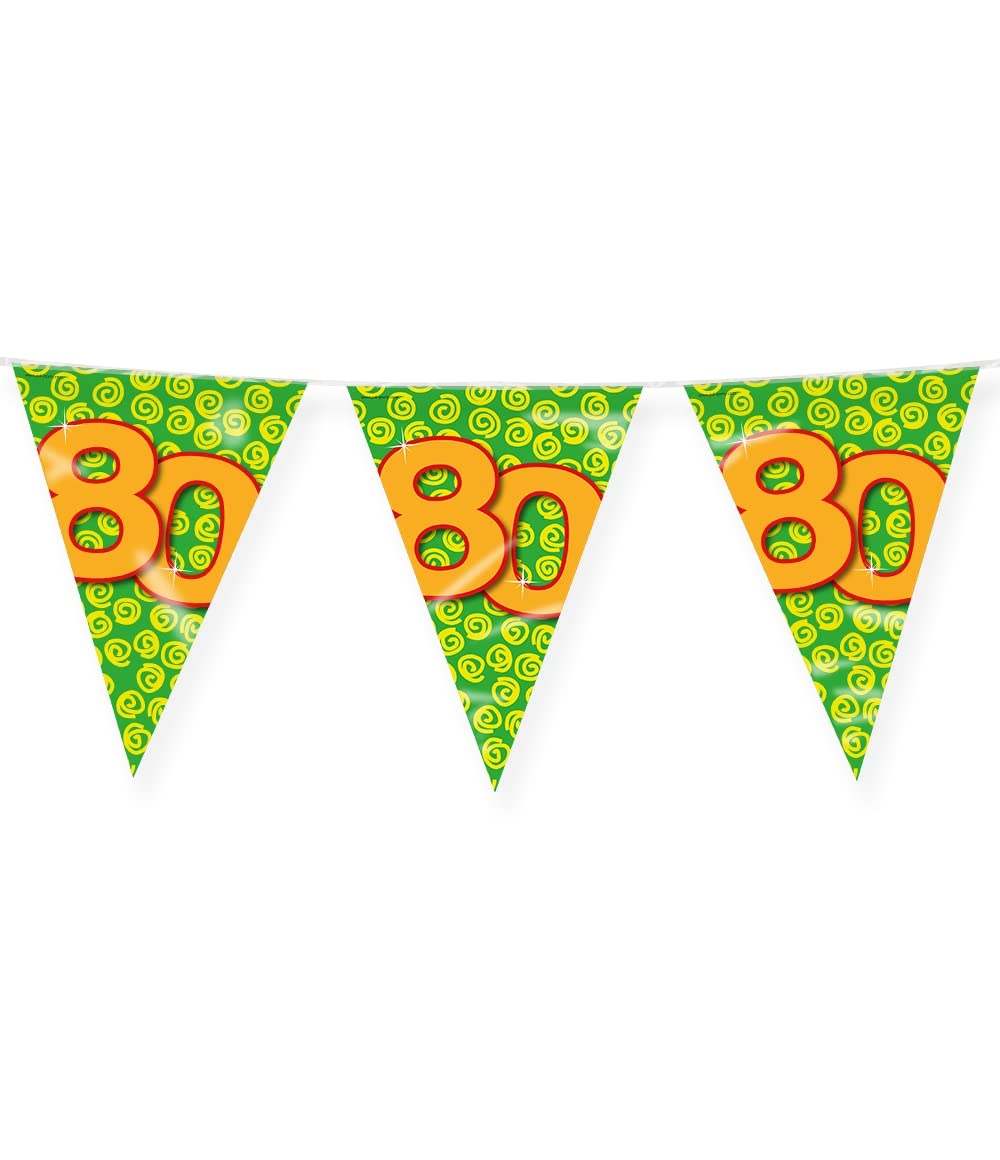 PD-Party 7042030 Happy Party Bunting - 80, Green/Yellow, Foil Flags, Double Sided, Triangular, 1000cm Length x 30cm Width x 0.1cm Height