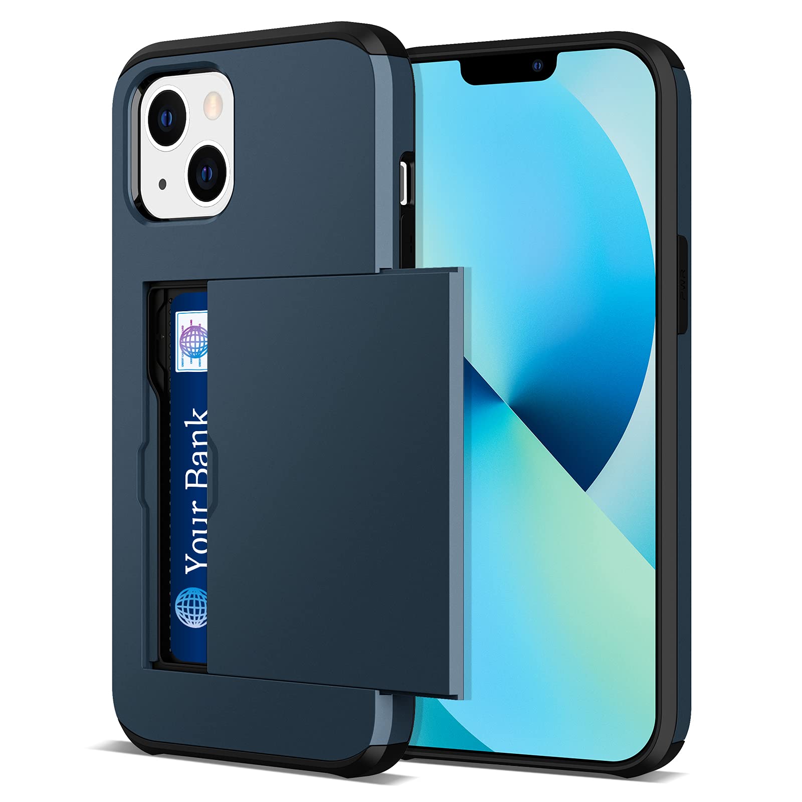 Photo 1 of Jiunai Compatible with iPhone 13 Mini Case, Credit Card IDs Holder Wallet Back Pocket Slide Cover Card Slot Dual Layer Bumper Shell Rubber Cover Phone Case Designed for iPhone 13 Mini 5.4'' 2021 Navy