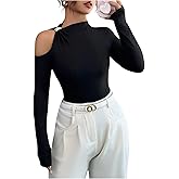MakeMeChic Women's Asymmetrical Tops Cut Out Long Sleeve Elegant Tee Shirt Fitted Tops Fall Clothes