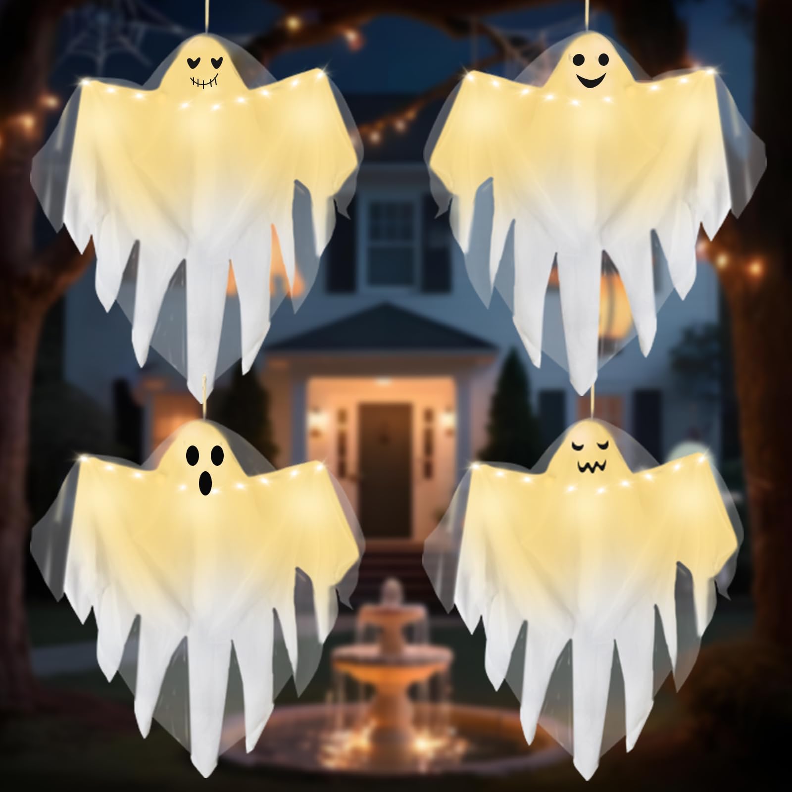Photo 1 of 4 Pack Halloween Light up Hanging Ghost Decoration Outdoor, Cute Halloween Decor 31.5" Flying Ghosts with Warm LED Light and Timer for Front Yard Porch Patio Lawn Garden Party Decor Indoor Outdoor