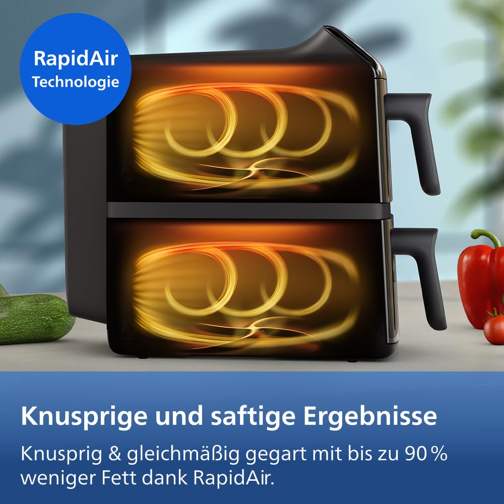 Philips Airfryer 4000 Series Stacked Dual Basket, Gestapelte Heißluftfritteuse 2 Kammern, 10L, RapidAir Technologie, 45% weniger Platzbedarf, PFAS-freie Keramikbeschichtung, Sichtfenster (NA460/00) 7