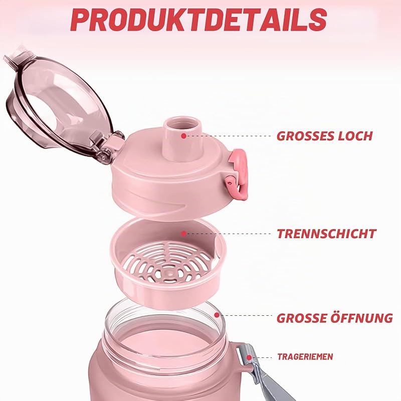 Trinkflasche, Trinkflasche 1L Auslaufsicher mit Strohhalm oder Sieb, BPA-Frei, Wasserflasche für Uni, Kindergarten, Sport, Fitness, Fahrrad, Outdoor, Leicht, Bruchsicher, Nachhaltig