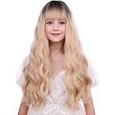 WAVELNM Kids Ombre Blonde Wig with Bangs Black to Blonde Wigs for Girls Long Wavy Dark Root Wig for Children Synthetic Wigs for Daily Party Halloween Cosplay Use