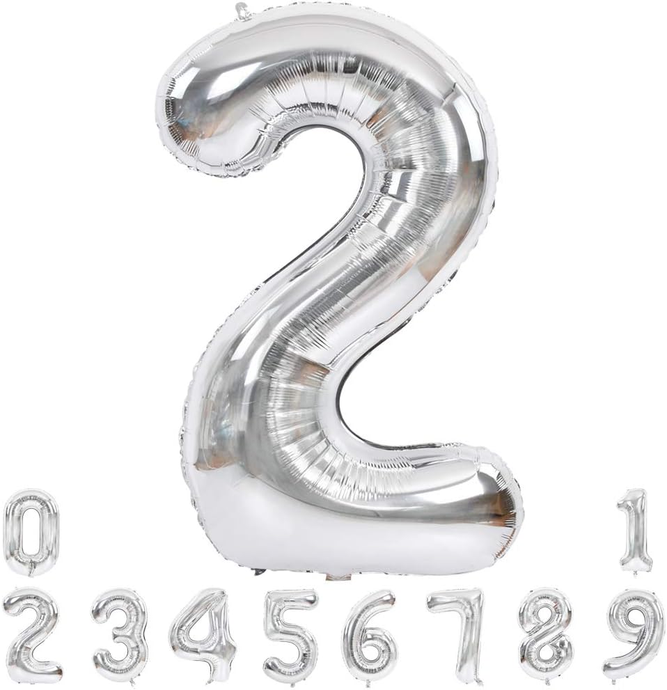 TONIFUL 40 Inch Silver Large Numbers Balloon 2, Helium or Air Inflatable, Reusable, Perfect for Birthday Graduation