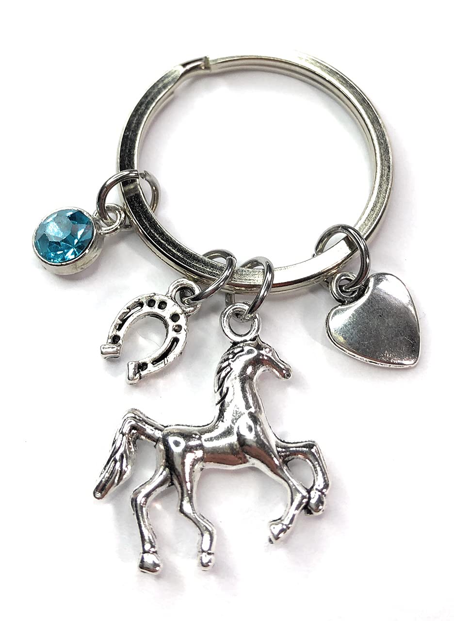 FizzyButton Gifts Horse Pony Keyring Key Ring with Turquoise Rhinestone, Horseshoe and Heart Charms