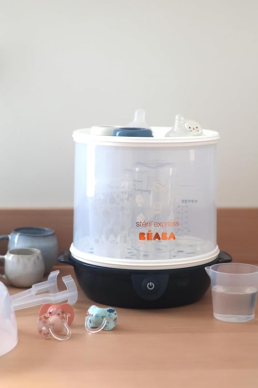 Sterilizzatore per biberon 2 in 1, Evolutivo, elettrico a vapore, 2 in 1, 2 scomparti, fino a 8 biberon e accessori, ultra rapido, timer, Steril'Express, blu notte