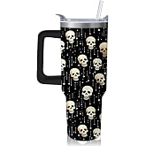 Kearscupra 40 oz Skull Tumbler with Handle and Straw,Skeleton Gothic Floral Insulated Stainless Steel Cup with Lid,Horror Travel Coffee Mug Water Bottle, Halloween Gifts for Women Men