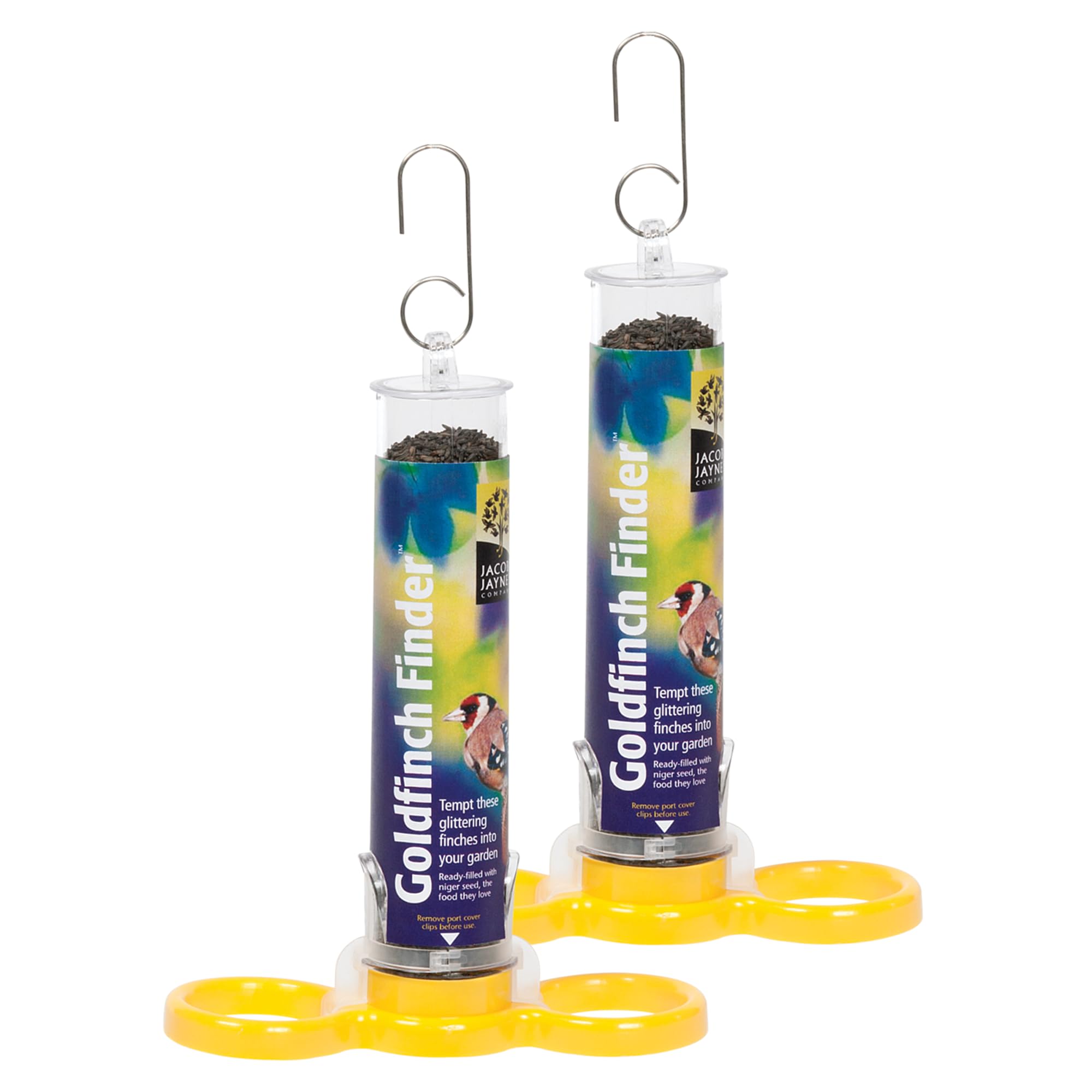 Jacobi Jayne® Pre-filled Niger Bird Feeders for Garden Birds Goldfinch Finder Pack of Two - Hanging Bird Feeders For Small Birds. Niger Bird Feeder Hanging Wire Included, Yellow