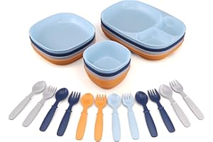 MIGHTYMOE Kid’s Dinnerware Set - 24 Pieces, 4 Place Settings - Tough Tableware for Toddlers - Made in the USA - Dishwasher and Microwave Safe - BPA Free and Shatter Resistant (Sunset)