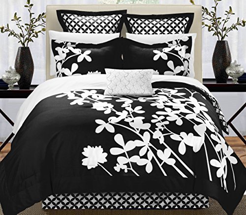 Chic Home Iris 7-Piece Comforter Set with Four Shams and Decorative Pillow, Queen Size, Black, Bedskirt