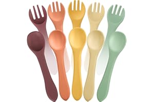 NUENEN 10 Pieces Baby Led Weaning Spoons and Forks Set Infant Silicone Spoon First Self Feed Baby training Utensils for Toddler First Stage Feeding Supplies for Kids Over 6 Months, 5 Pairs (Classic Colors)
