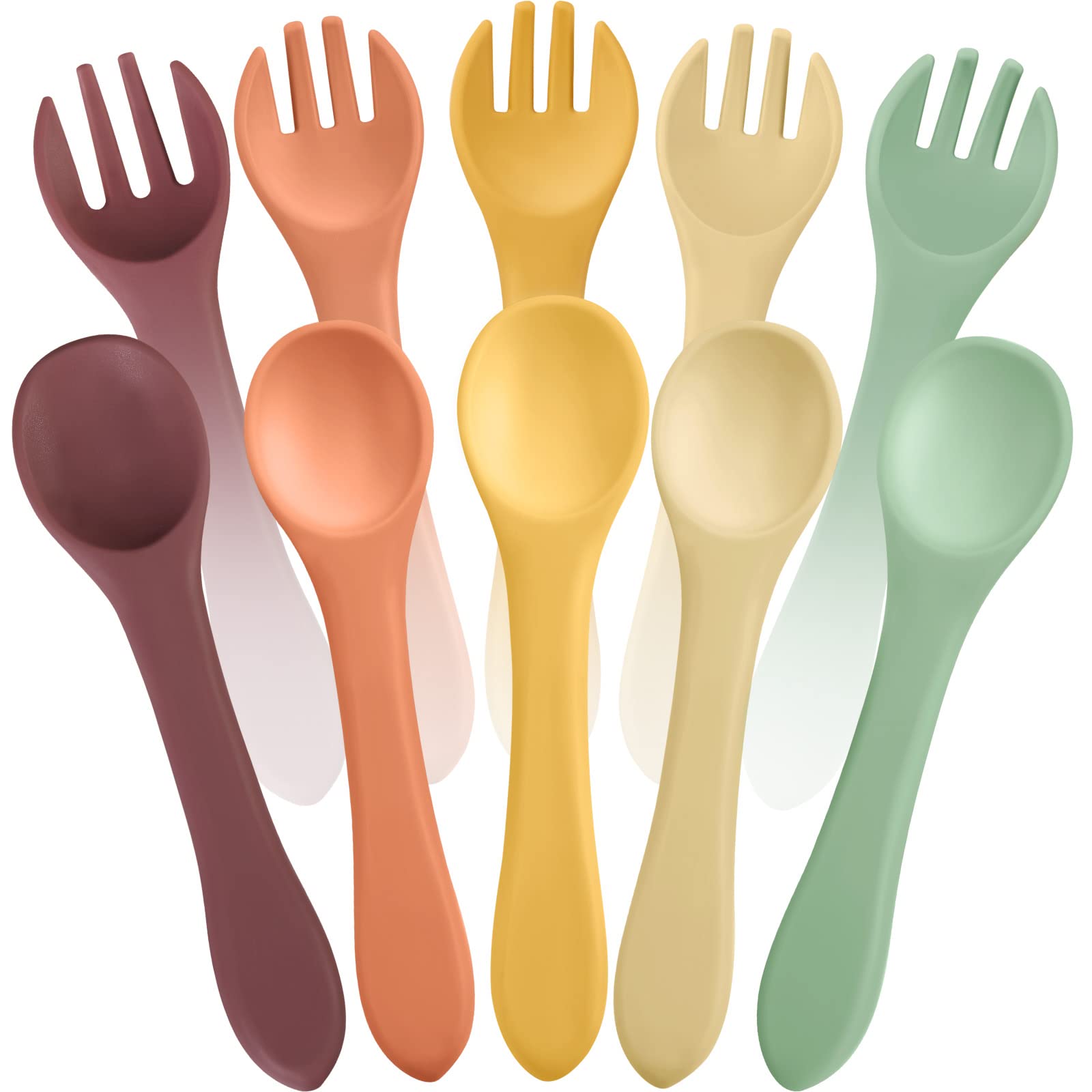 Photo 1 of 10 Pieces Baby Led Weaning Spoons and Forks Set Infant Silicone Spoon First Self Feed Baby training Utensils for Toddler First Stage Feeding Supplies for Kids Over 6 Months, 5 Pairs (Classic Colors)