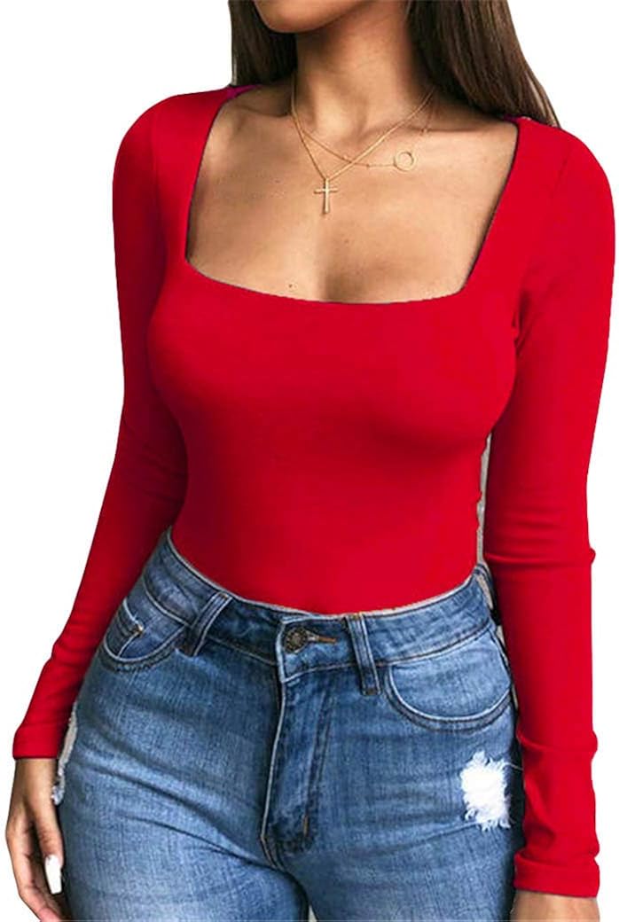 GRMBERA Women's Square Neck Long Sleeves Bodysuit Top Basic Solid Bodysuit Leotard at Amazon 