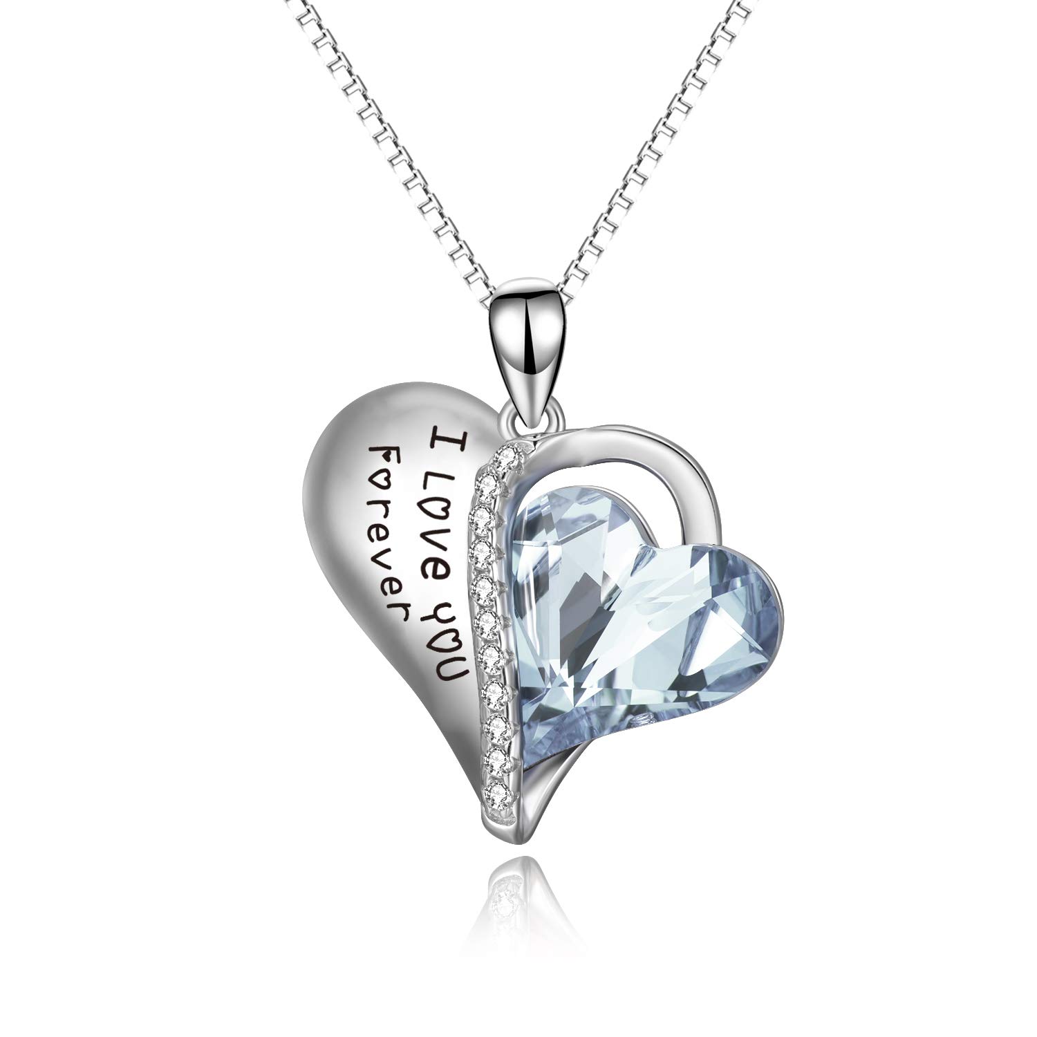 AOBOCO Valentine's Day Gifts for Her, 925 Sterling Silver I Love You Forever Heart Pendant Necklace with Light Blue Crystal, Jewellery Birthday Gifts for women