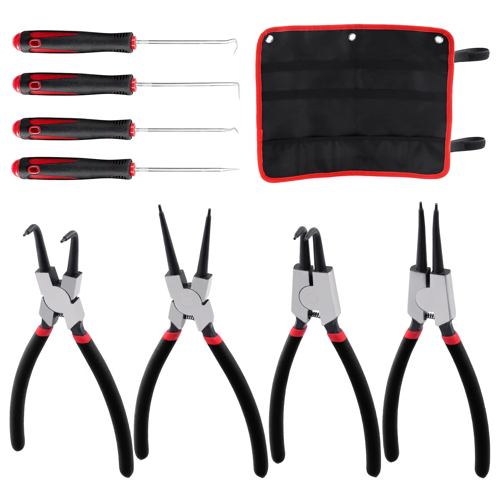 Glarks 9Pcs 9 Inch Snap Ring Pliers and Hooks and Pick Set, 4Pcs Internal/External Circlip Pliers Retaining Ring Pliers and 4Pcs Long Handle Hooks with 1pc storage bag for Ring, Hoses, Gaskets Remove