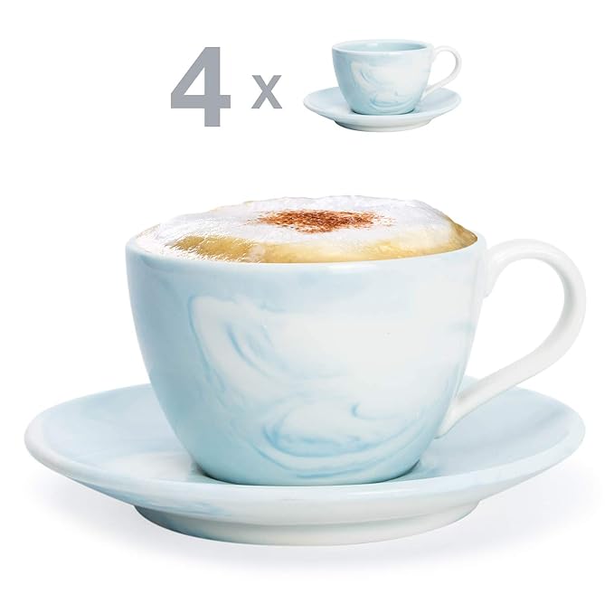 Hausmann & Söhne Cappuccino Tassen dickwandig | Set 8-TLG. | 4er Set Pastell Blaue Marmor Tassen mit Untertasse | Porzellan |
