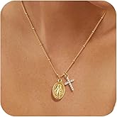 Gold Cross Necklace for Women - 14k Gold Plated Virgin Mary Pendant Necklaces,Hypoallergenic Non Tarnish Golden Cubic Zirconia Catholic Virgen de Guadalupe Jewelry,Religious Faith Baptism Gift for Her