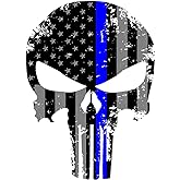 K9King Punisher Skull 5.5 x 4 Inch Tattered Subdued Us Flag Reflective Decal with Thin Line for Cars, Trucks, Laptops and more Thin Blue Line Sticker Police US Flag Enforcement Blue Lives Matter