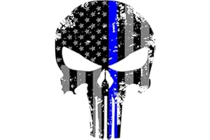K9King Punisher Skull 5.5 x 4 Inch Tattered Subdued Us Flag Reflective Decal with Thin Line for Cars, Trucks, Laptops and more Thin Blue Line Sticker Police US Flag Enforcement Blue Lives Matter