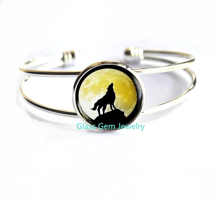 Howling Wolf Moon Bracelets, wolf Bracelet, wolf jewelry, full moon Bracelet, yellow