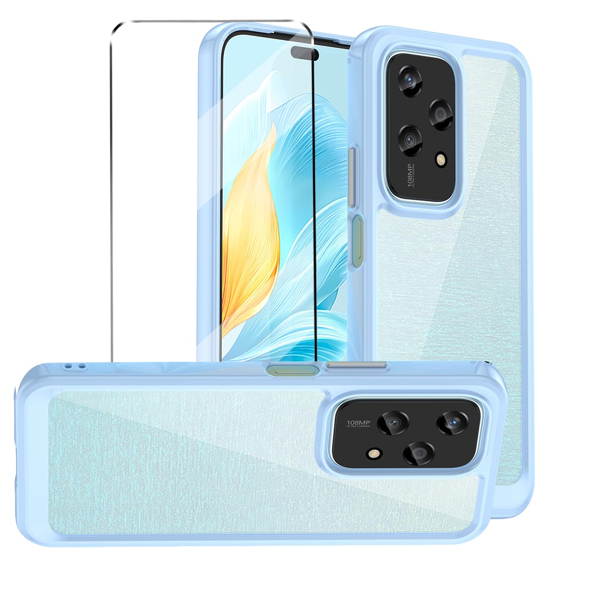 HuiYouMY [2 in 1] Case Compatible with Honor 200 Lite Cover with 1 Pack Tempered Glass Screen Protector for Honor 200 Lite, Slim Fit Soft TPU + PC Shockproof Anti-Scratch Phone Case Cover - Blue