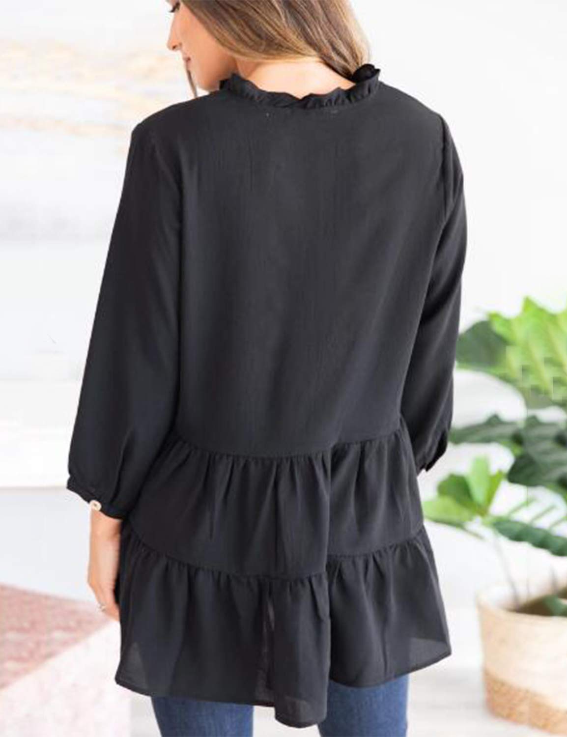 BMJL Women\'s Casual Button Down Shirt V Neck T Shirt Work Blouse Plus Size Tunic Tops(M,Black)