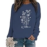 Bobeutou Flower Graphic Sweatshirt for Women 80s Vintage Minimalistic Floral Printed Long Sleeves Shirt Loose Pullovers Tops