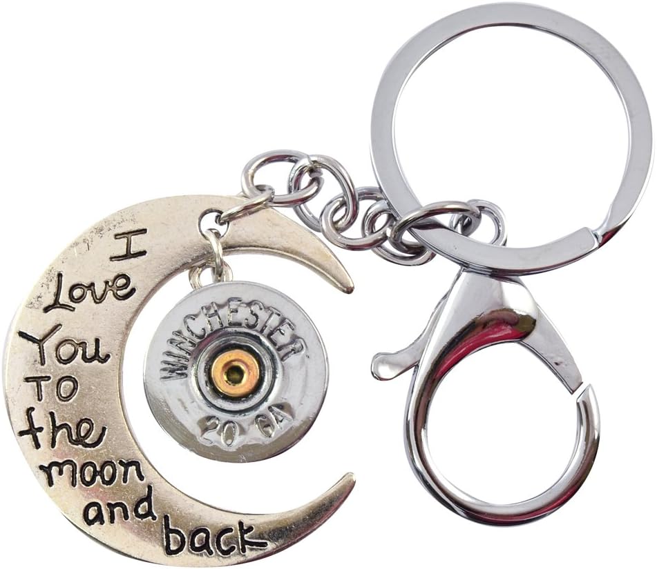 Shotgun Shell Moon and Back Leather Keychain, 20 Gauge Bullet Casing in Silvertone