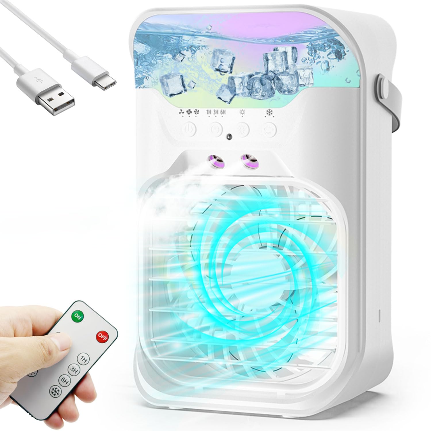 Photo 1 of IWENNUAN Portable Air Conditioners, 4 in 1 Portable AC Unit with Remote, 1500ml Water Tank, 3 Speeds, 6H Timer, 2 Spray Mist, 7 Night Light, Personal Mini Air Conditioner for Bedroom