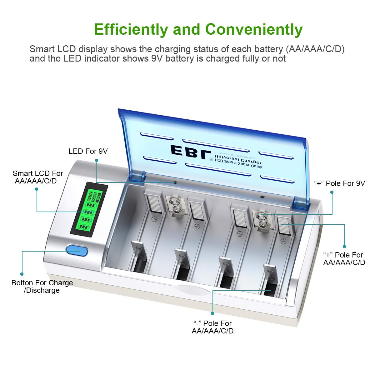 EBL D Cells 10000mAh Rechargeable Batteries (4 Counts) with C D 9V AA AAA Battery Charger