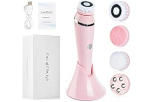 DOTPET Facial Cleaning Brush, 4 in1 Waterproof Rechargeable Face Scrub Brush, Electric Face Spin Brush with 4 Brush Heads for Deep Cleansing, Exfoliating, Removing Blackhead, Massaging (Pink)