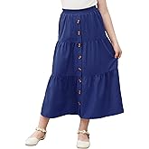 GORLYA Girls Casual Button Front Ruffle Hem Elastic High Waist Long Swing Tiered Maxi Skirt for 6-16Y