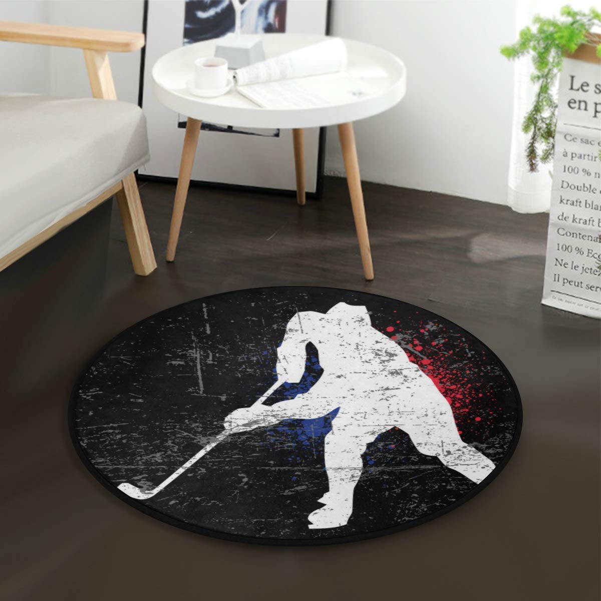 Mnsruu Vintage Ice Hockey Player Round Area Rug Non Slip Comfort Round Mat Floor Carpet for Living Room Bedroom 3' Diameter (92 cm)