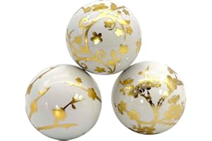 Galt International 4" Diameter Gold & White Floral Chinoiserie Ceramic Ball (Set of 3) | Decorative Ball Vase Bowl Filler