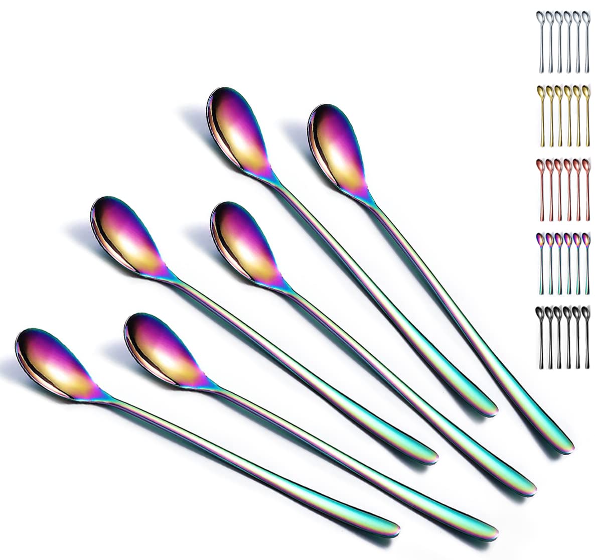 Evanda Iced Tea Spoons, Teaspoons, Stirring Bar Spoon, Coffee Spoon, Ice Cream Spoon, Cocktail Spoon, Tea Spoons, Set of 6 (Rainbow)