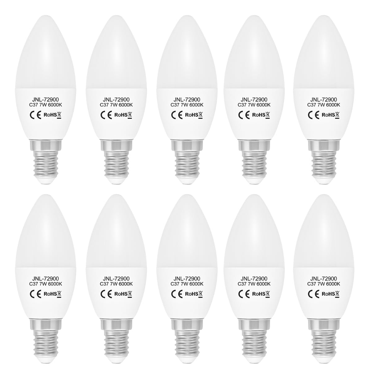 JANDEI 7W E14 LED Candle Bulbs, 60W Incandescent Equivalent, Cool White 6000K, SES Small Edison Screw, 600LM, Non-Dimmable, Energy Saving, Pack of 10