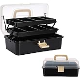 BTSKY 3-Layer Plastic Dividing Storage Box Craft Organizer with Adjustable Spacers Portable Handled Art Supply Organizer Multipurpose Home Utility Box for Sewing (Black+Beige)