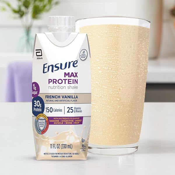 ENSURE MAX PROTEIN SHAKE | FRENCH VANILLA | MEAL SUPPLEMENT SHAKE | READY TO DRINK | 30G PROTEIN FOR MUSCLE BUILDING | 1G SUGAR, 4G FIBER | 11 FL OZ – 12 PACK