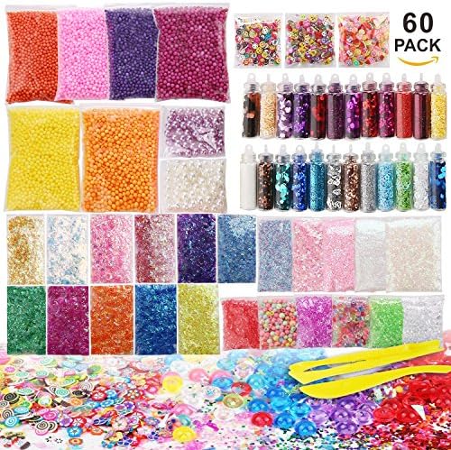 Slime Supplies Kit,60 Pack Slime beads Charms,Include Fishbowl Beads,Floam balls,Fruit Flower Animal Slices,Glitter Jars,Rainbow Pearl,Colorful Sugar Paper Accessories,Slime Tools for DIY Slime Making